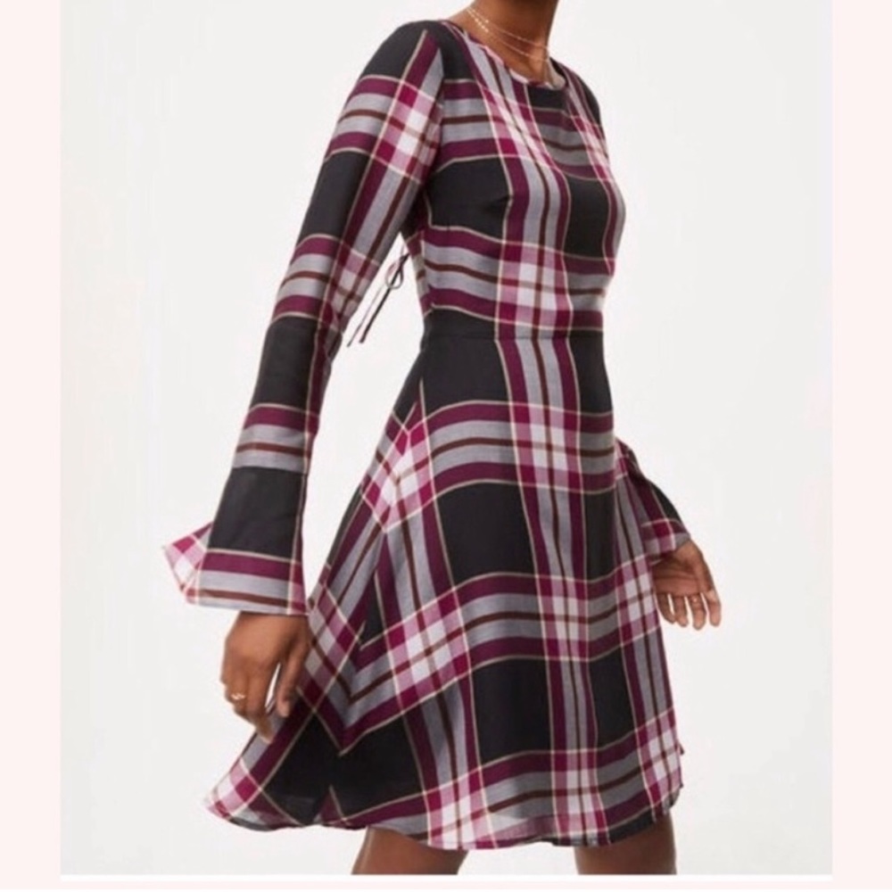 LOFT Plaid A-line Tie Back Dress, EUC